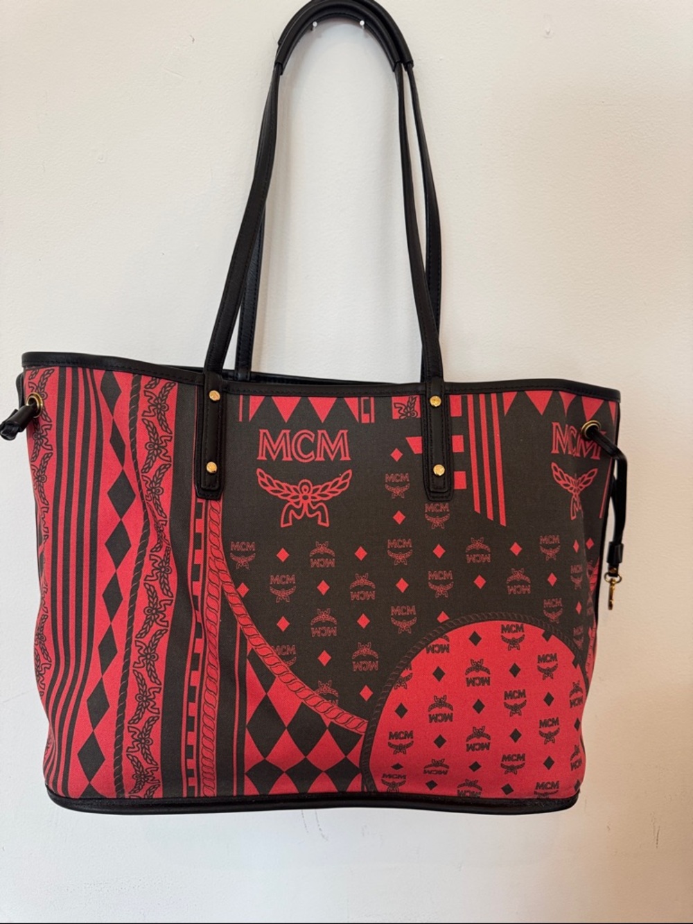 MCM Black & Red Logo Pattern Tote